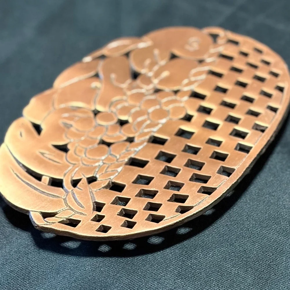 Vintage Copper Fruit Basket Metal Trivet Kitchen Hot Plate Table Decor